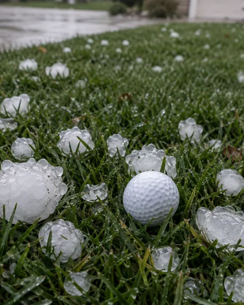 Hail the size of golf balls in the grass.
