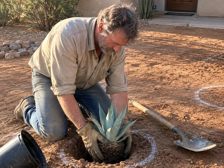 A landscaper setting an agave inside a circle painted on the dirt.