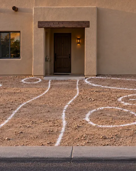 White paint on a bare front yard, marking where each plant and the path will go.