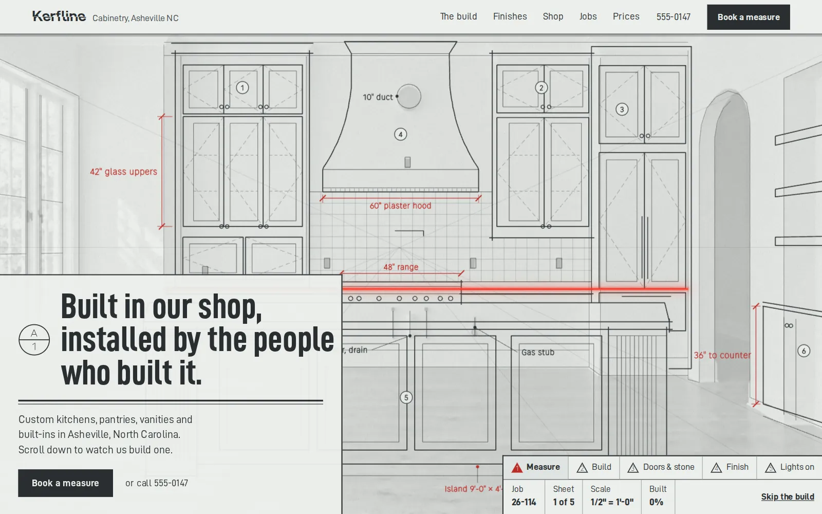 The Kerfline homepage I built from it: the kitchen drawing, and “Built in our shop, installed by the people who built it.”