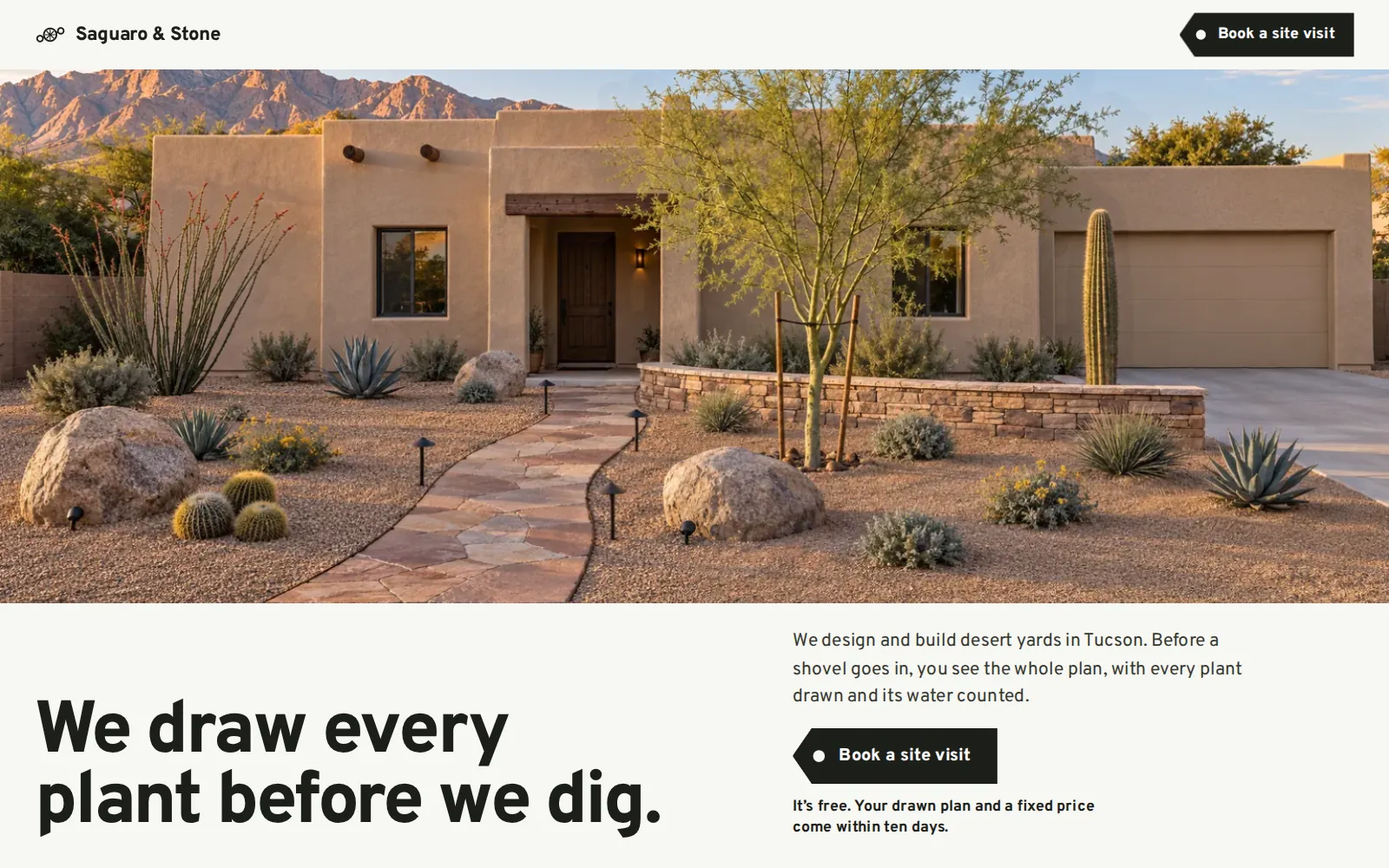 The Saguaro and Stone homepage I built from it: the finished yard, and “We draw every plant before we dig.”